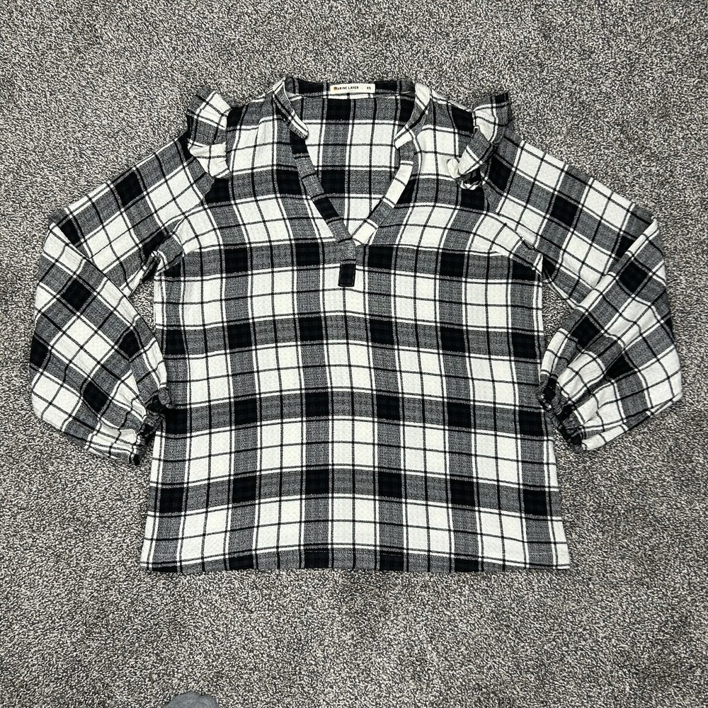 Marine Layer Jamie Plaid‎ Ruffle Long Sleeve Top Black White Womens XS Blouse